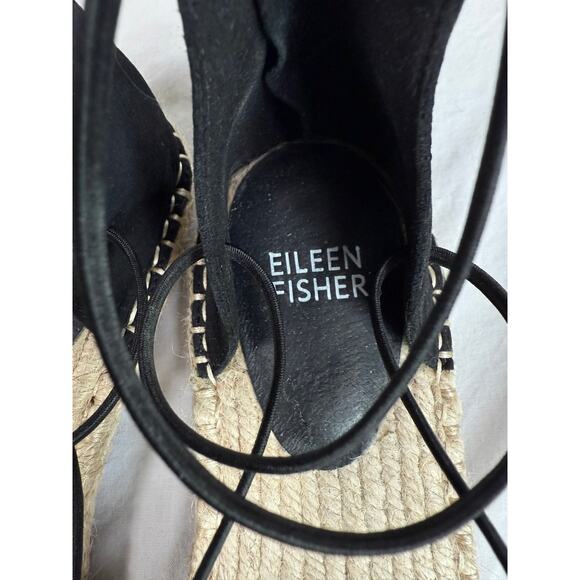 Eileen Fisher Lace Leather Espadrille Sandals Black and Jute‎ Size 6 - Picture 7 of 11